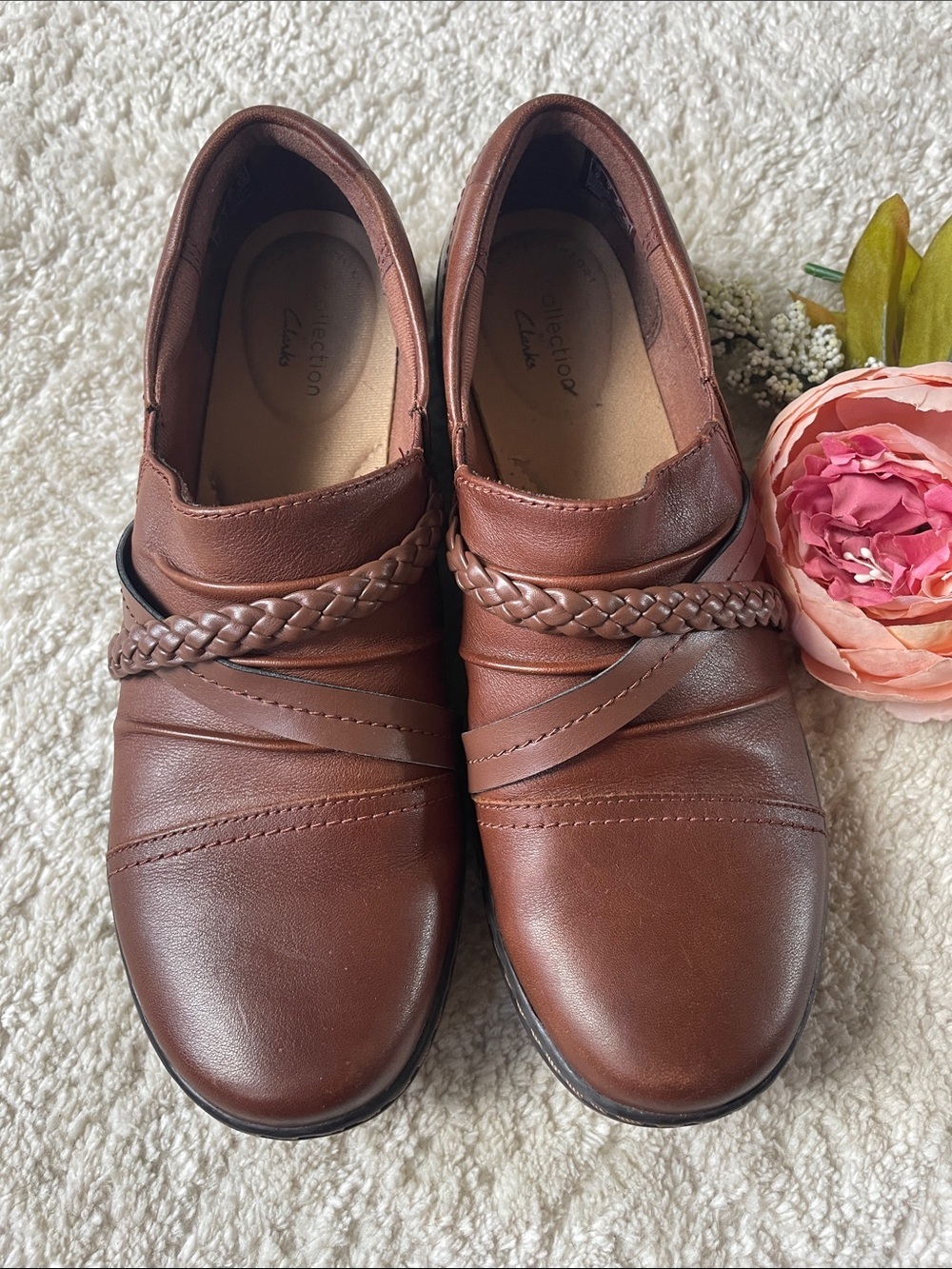 Clarks Cora Braided Chestnut Brown Loafers